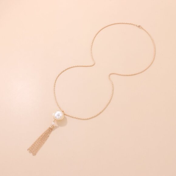 3/$35 Long Lariat Gold Chain Necklace with Large Pearl Pendant and Tassel - Picture 8 of 9
